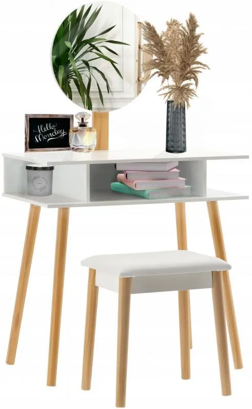 Retro fa fésülködőasztal kerek tükörrel és zsámollyal