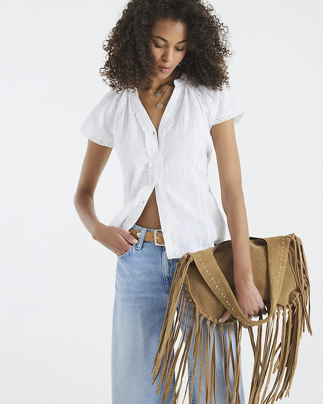 White Short Sleeve Frill V Neck Top
