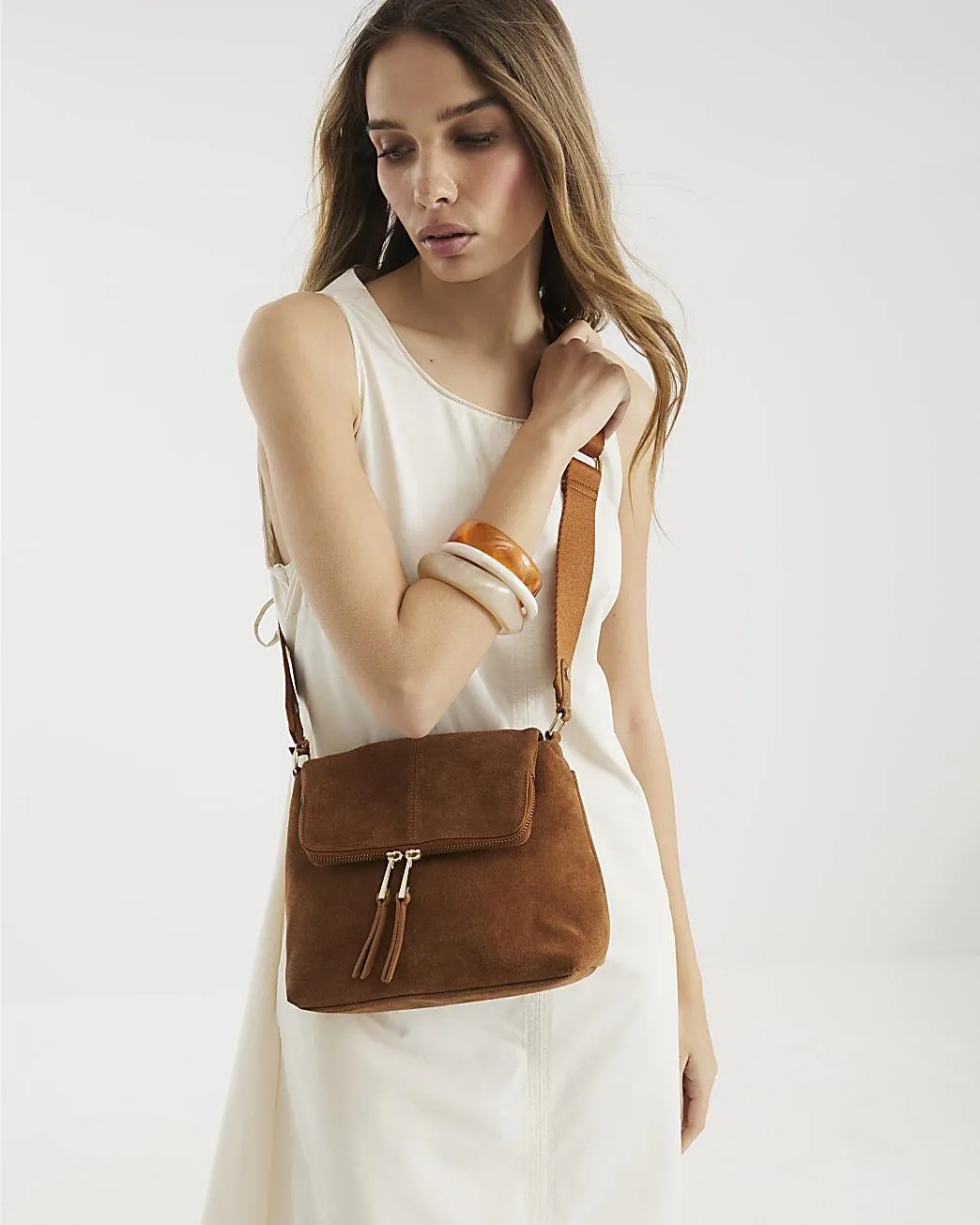Brown Suede Zipped Messenger Bag