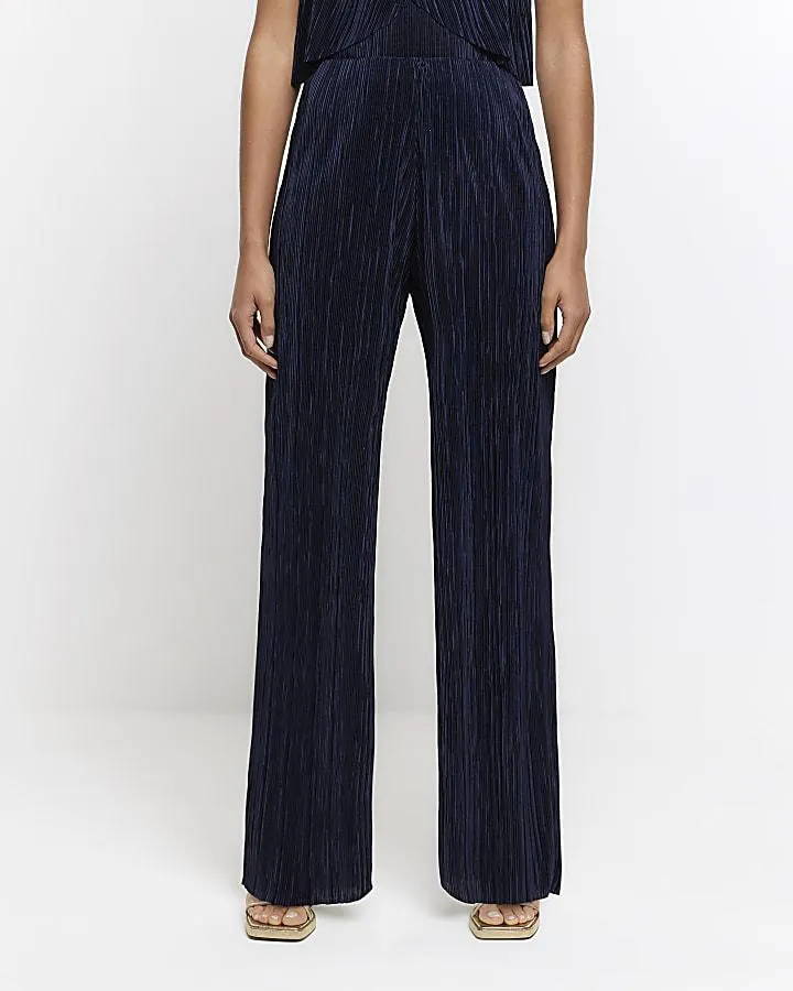 Navy plisse flare trousers