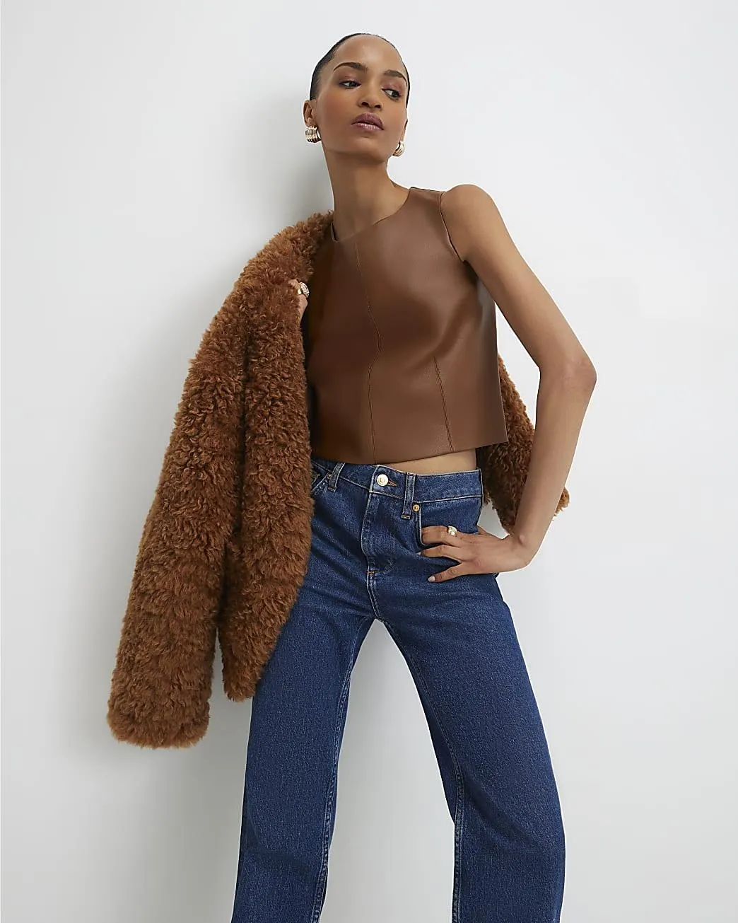 Brown Faux Leather Sleeveless Top