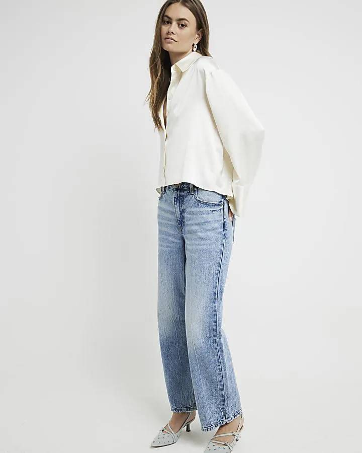 Blue high waisted relaxed straight crop jeans