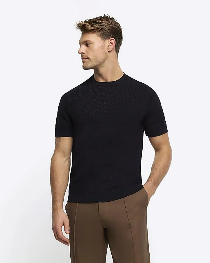 Black slim fit textured knit t-shirt