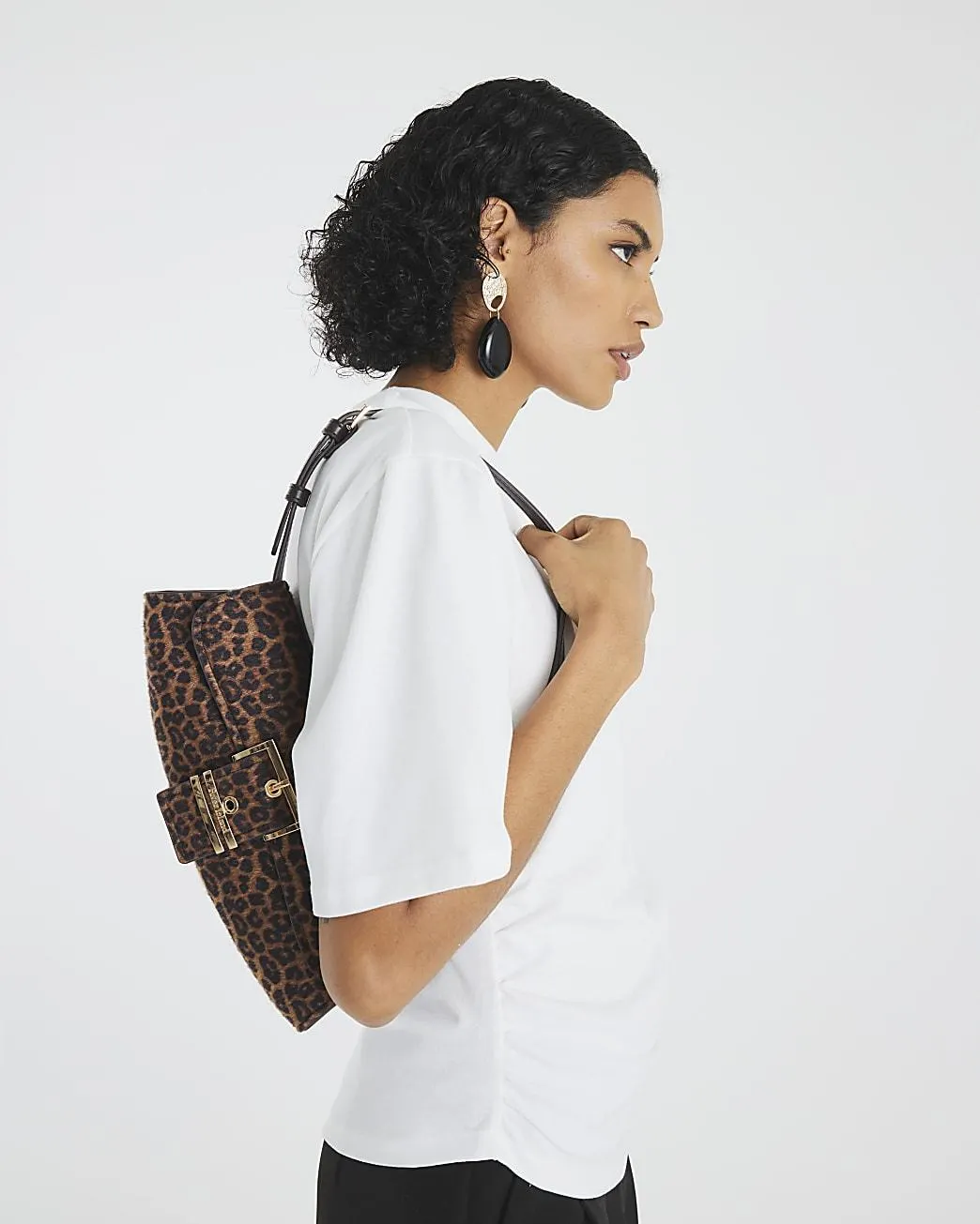 Brown Leopard Print Buckle Front Shoulder Bag