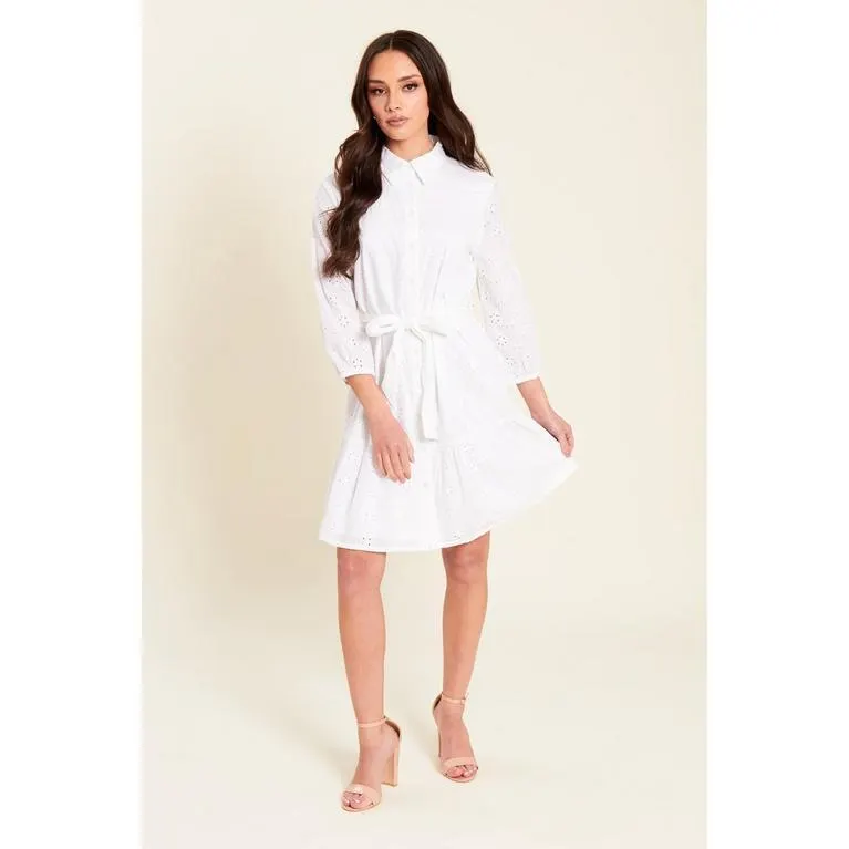 Broderie Tie Waist Shirt Dress