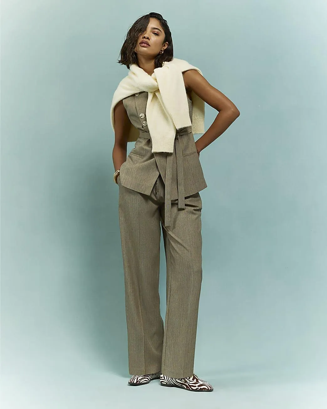 Beige Tie Detail Trousers