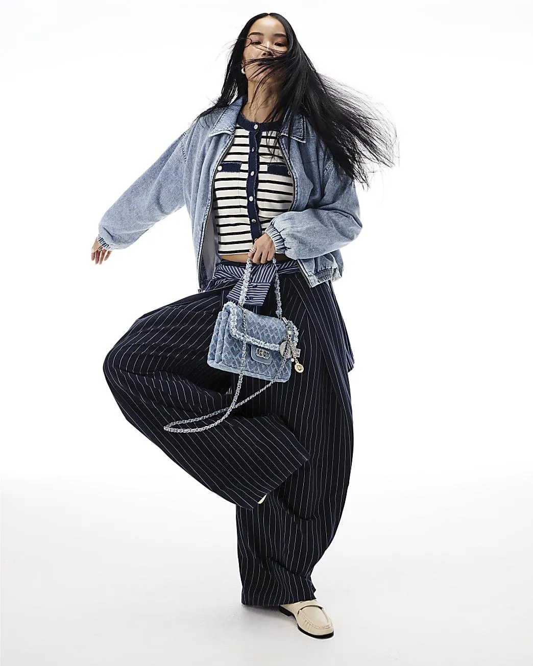 Navy Stripe Deep Pleated Wide Leg Trousers