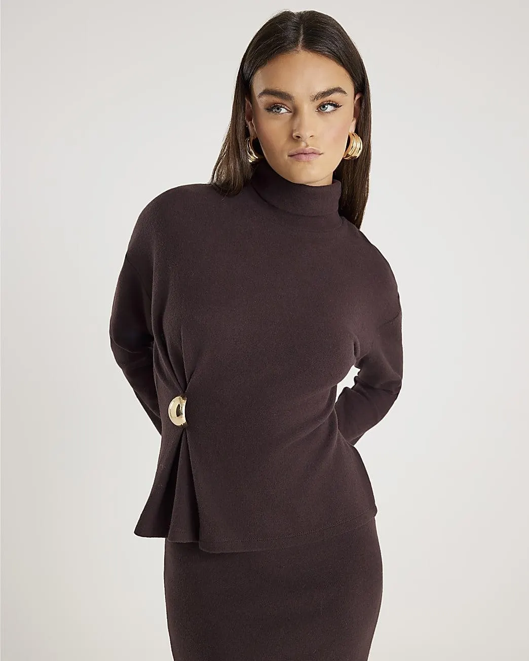 Brown Long Sleeve Cosy Gold Detail Top