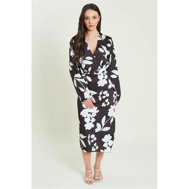Long Sleeve Satin Tie Wrap Midi Dress