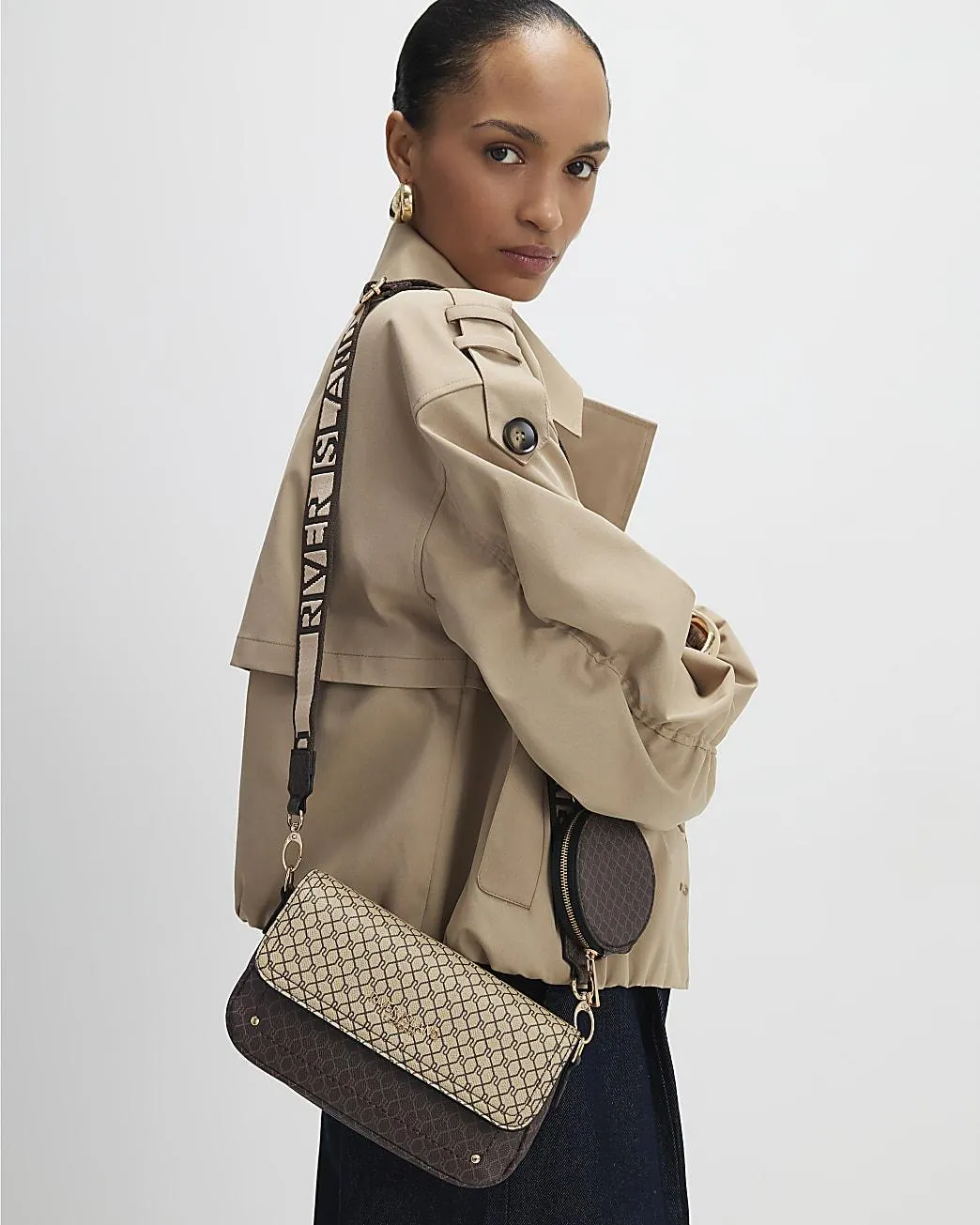 Brown Monogram Print Cross Body Bag