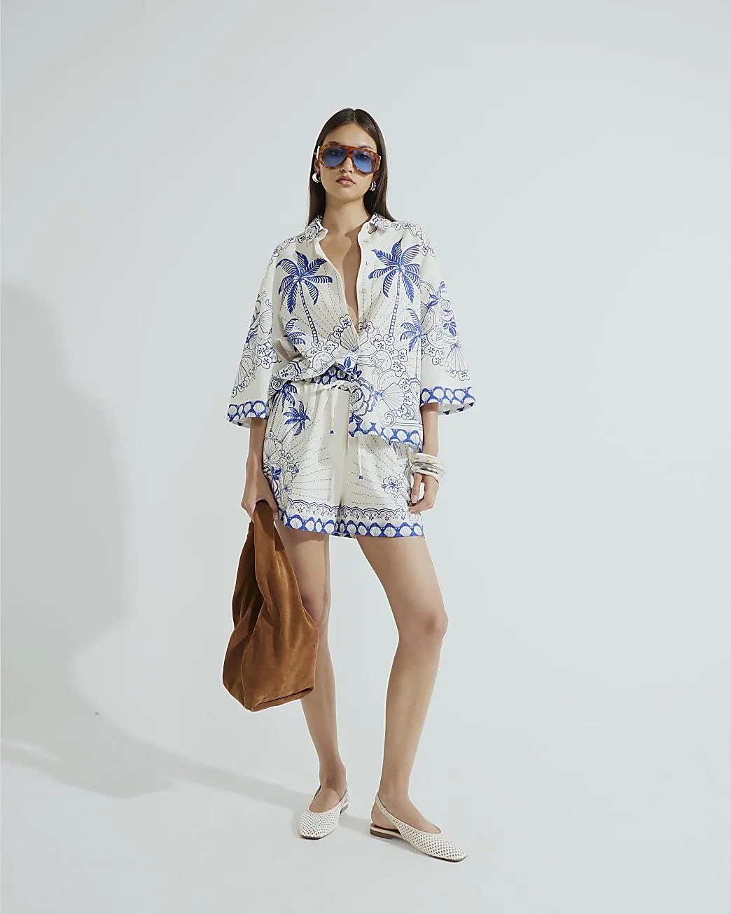 Blue Short Sleeve Boxy Fit Shell Print Shirt