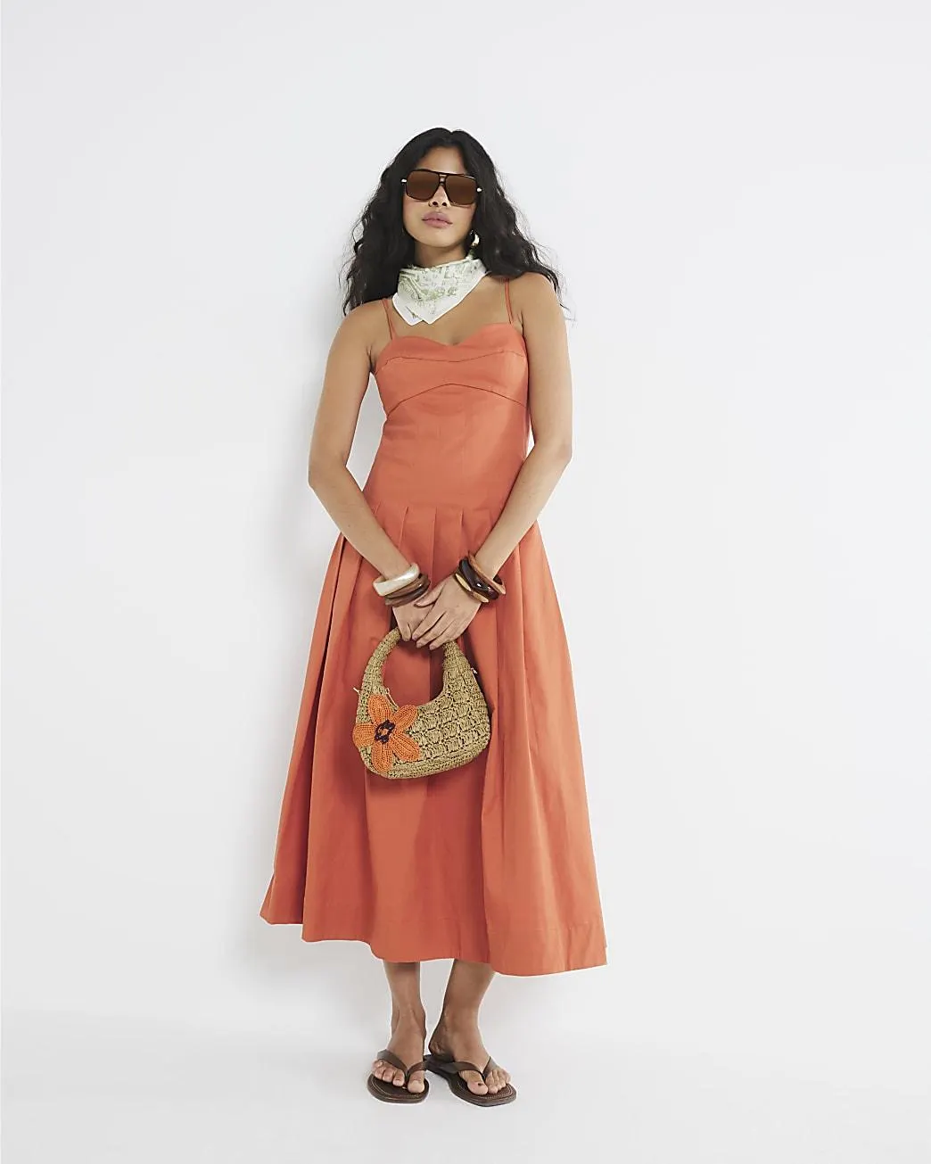 Rust Sleeveless Strappy Corset Midi Dress