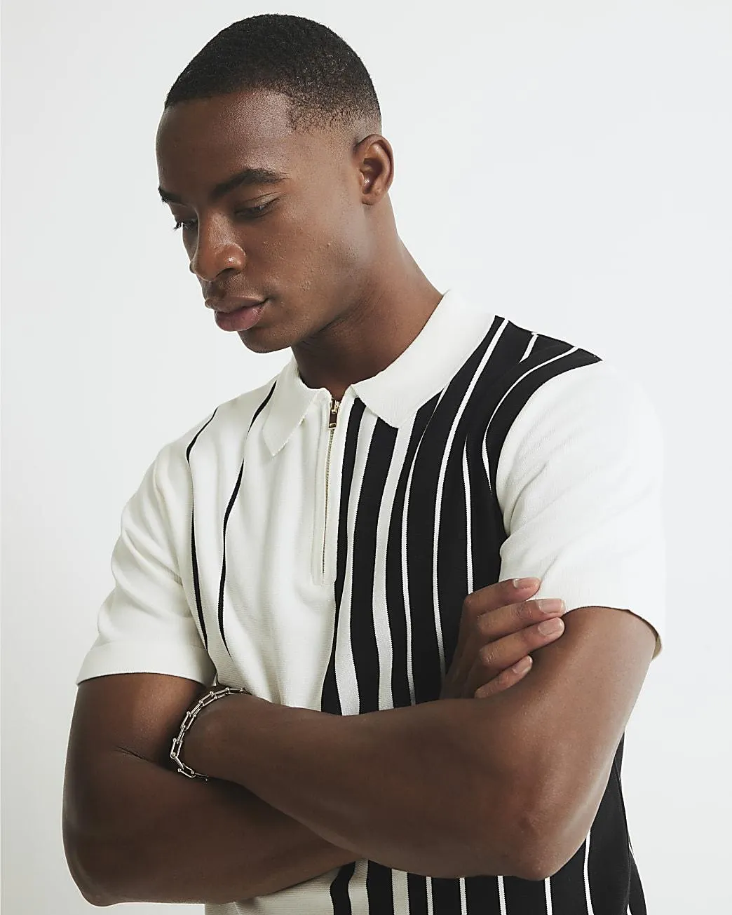 Black Striped Splice Zip Polo Shirt