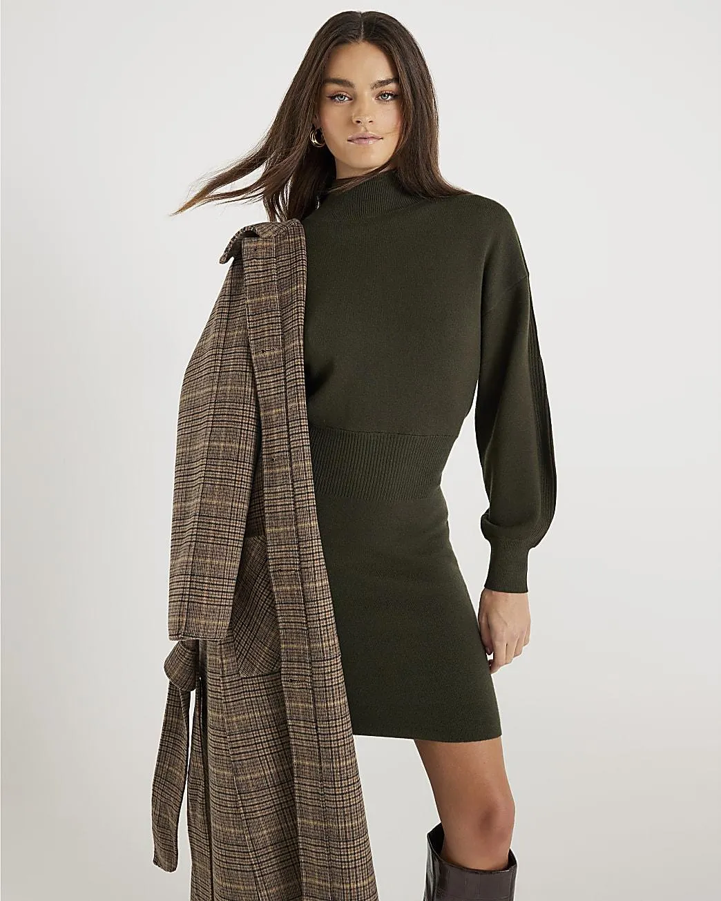 Khaki Knit Fitted Waist Jumper Dress