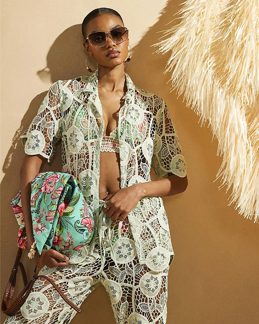 Green Del Maar Sheer Lace Resort Shirt