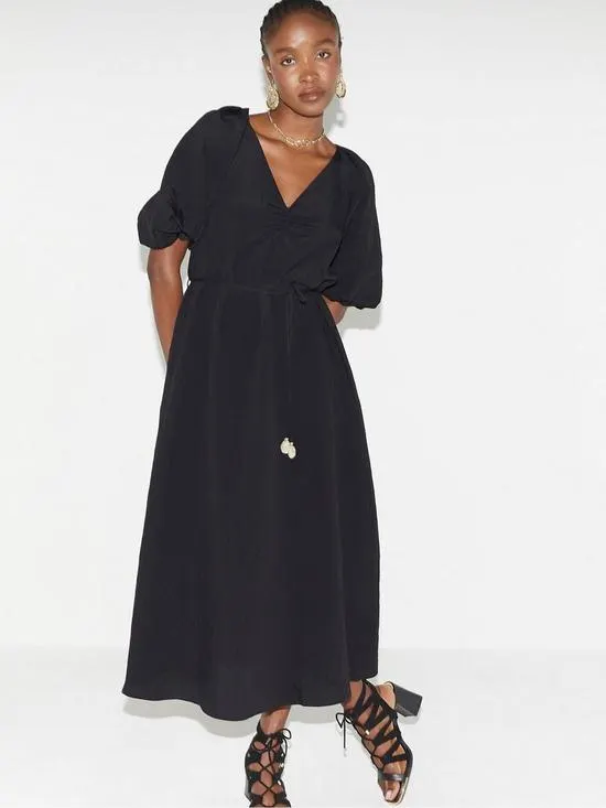 Belted Puff Sleeve Dress - Black