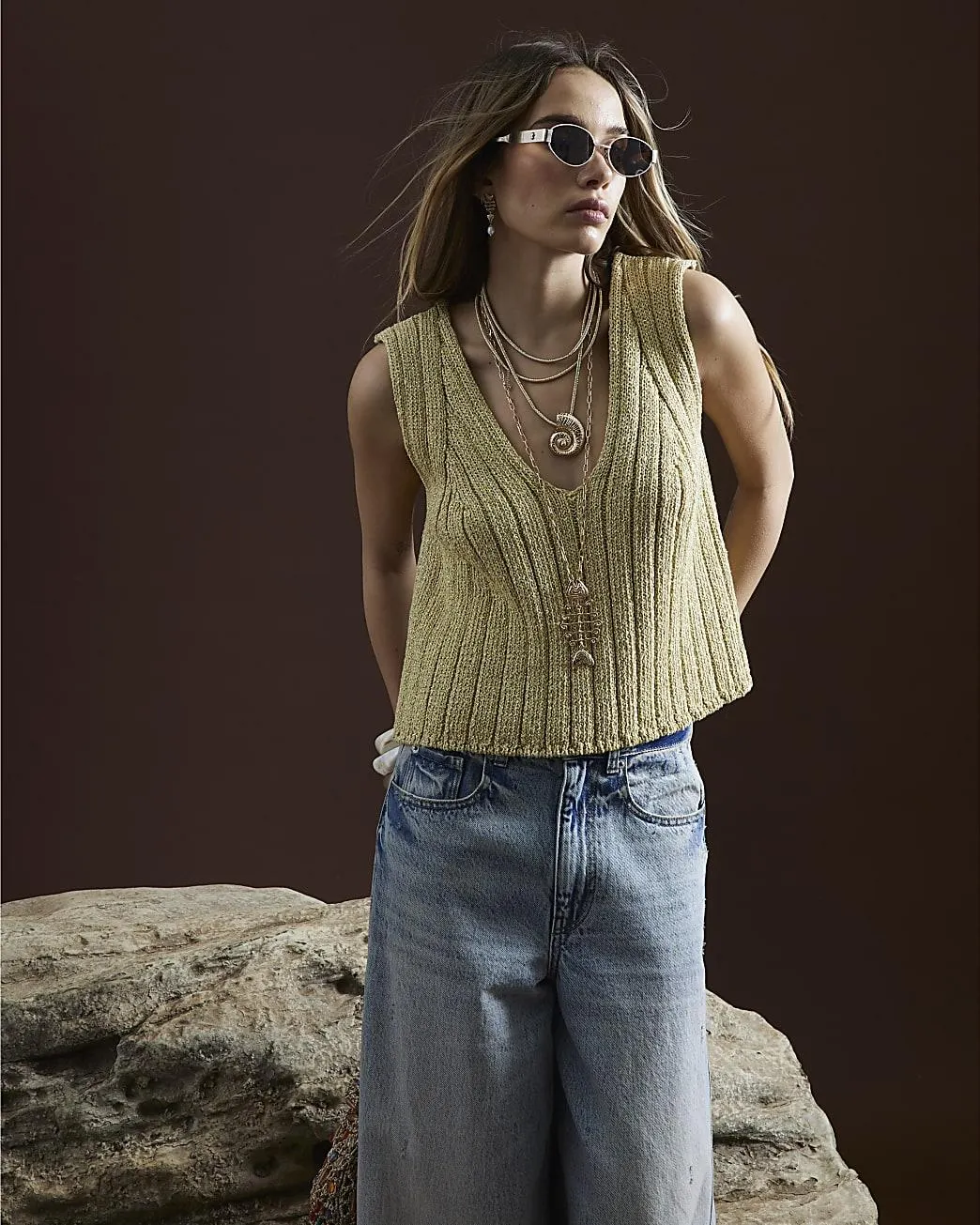 Yellow V-neck Ribbed Metallic Knit Vest Top