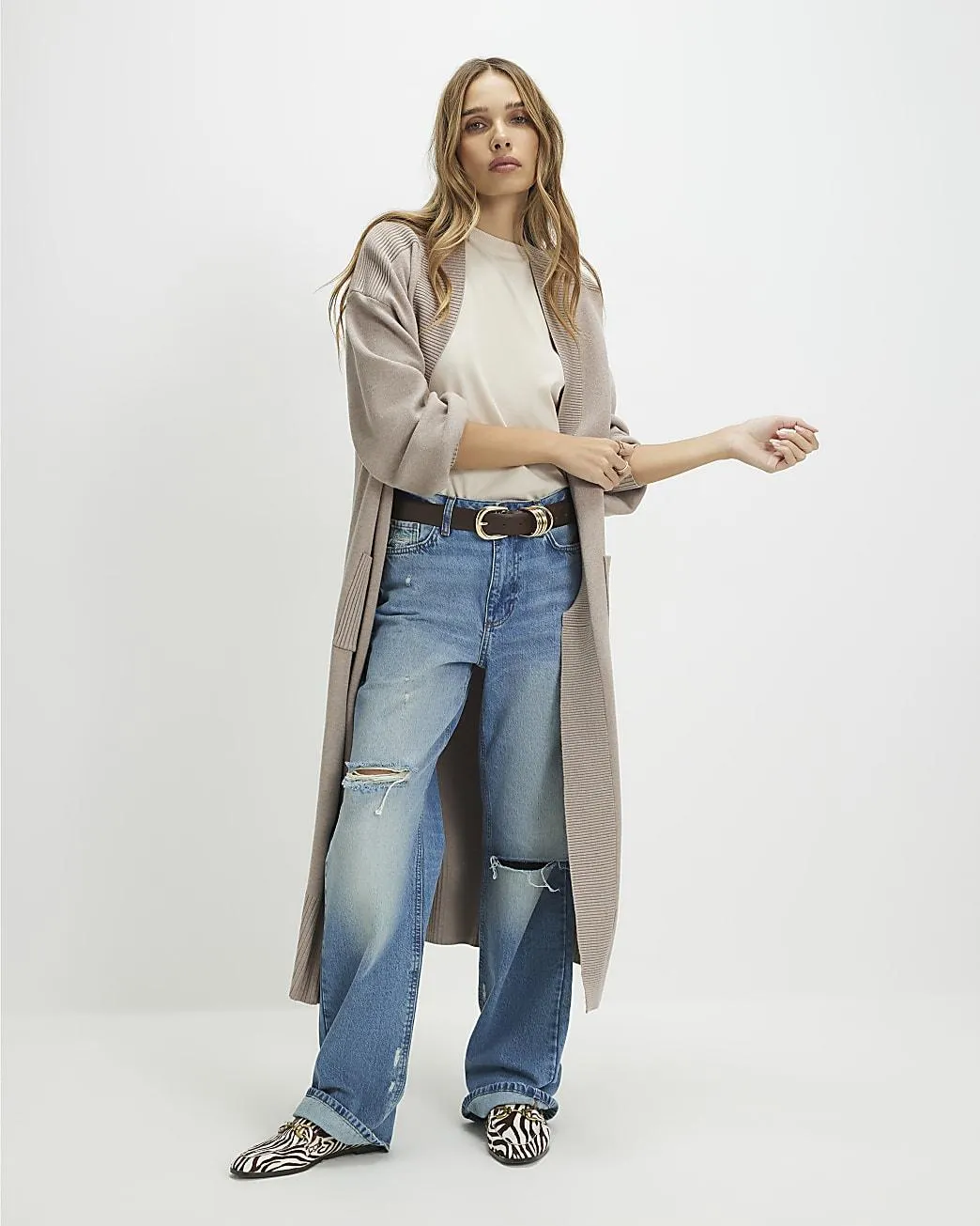 Beige Knitted Ribbed Maxi Cardigan