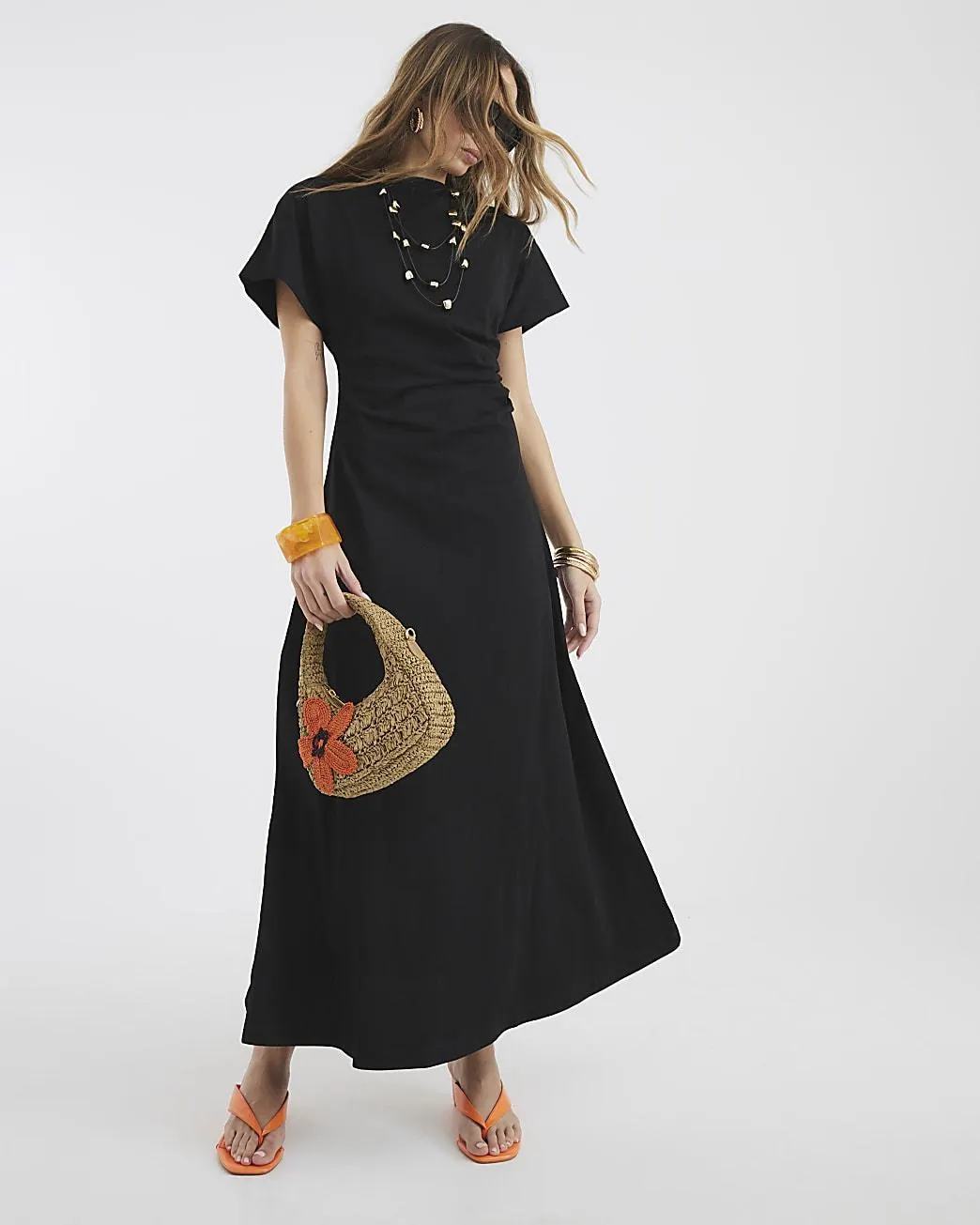 Black Short Sleeve Drape Side Midi Dress