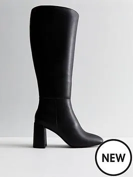 Extra Calf Fit Black Leather-Look Block Heel Knee High Boots