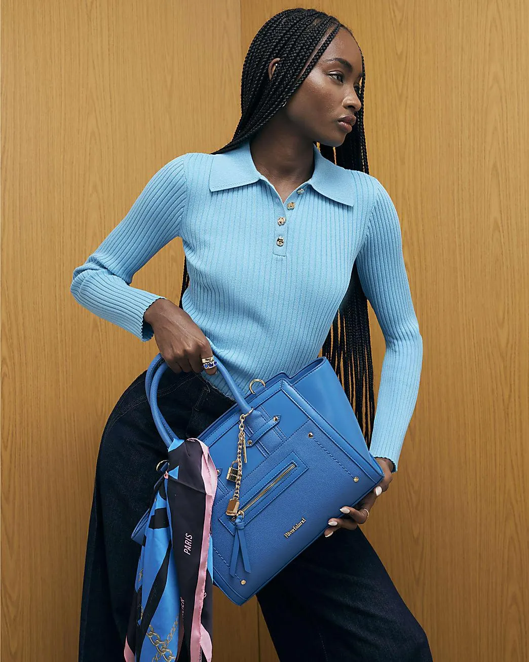 Blue Knitted Long Sleeve Polo Top