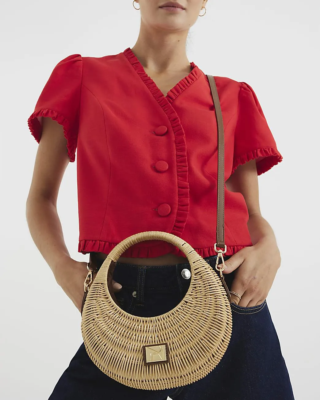 Beige Straw Basket Scoop Bag