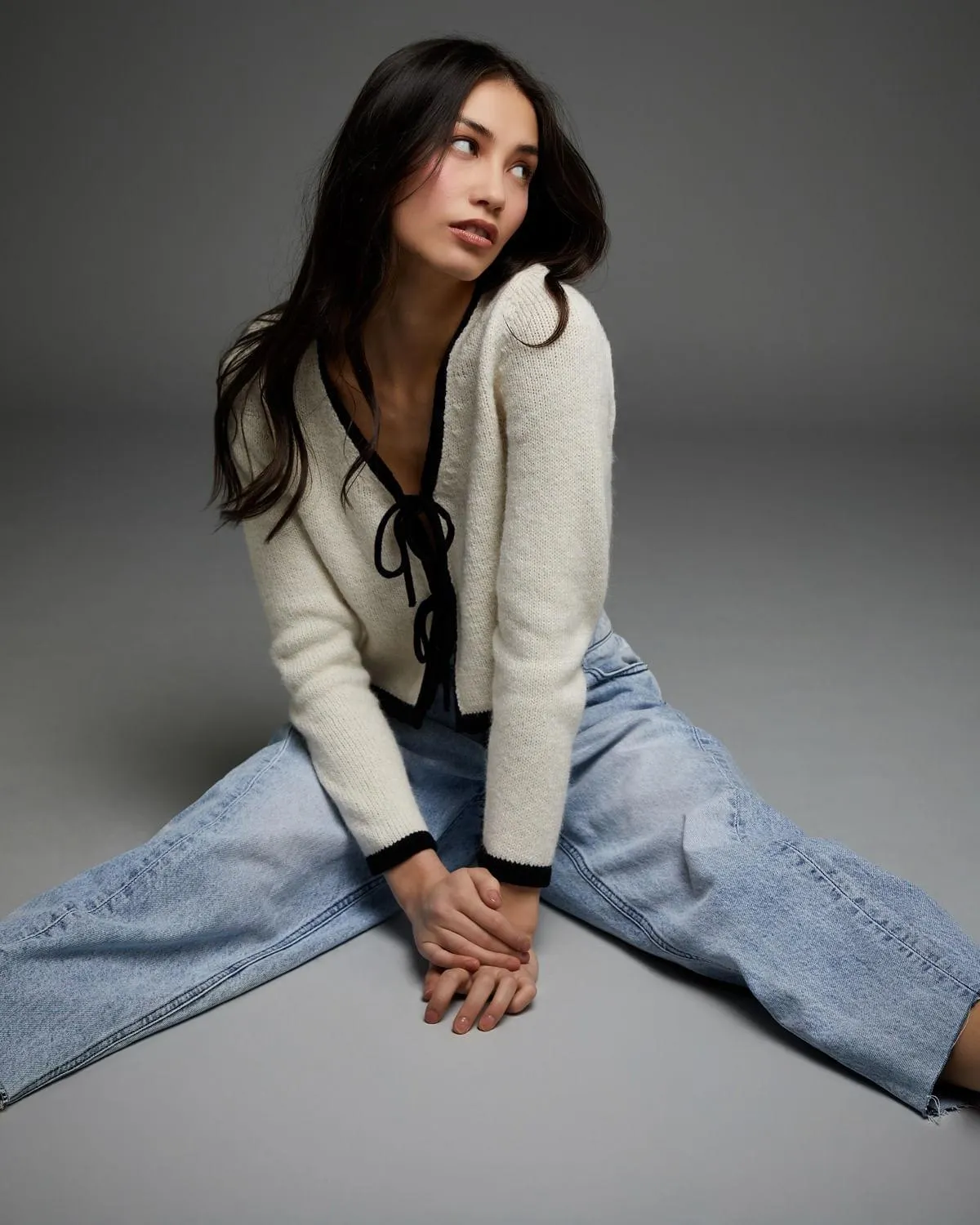 Savida Contrast Trim Bow Tie Front Cardigan