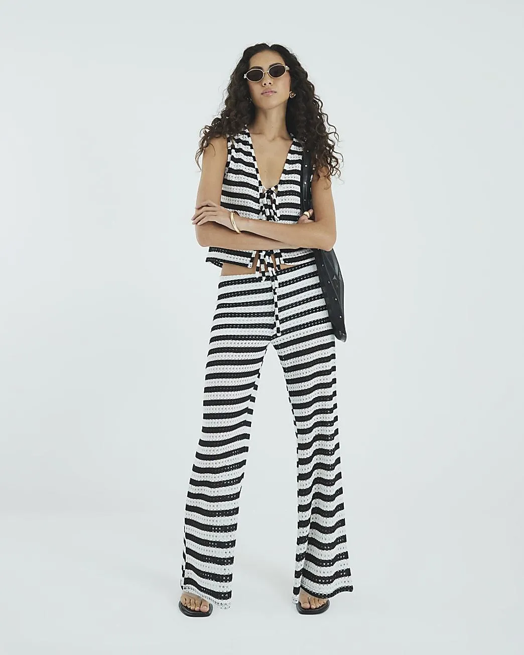 Black Stripe Wide Leg Crochet Trousers