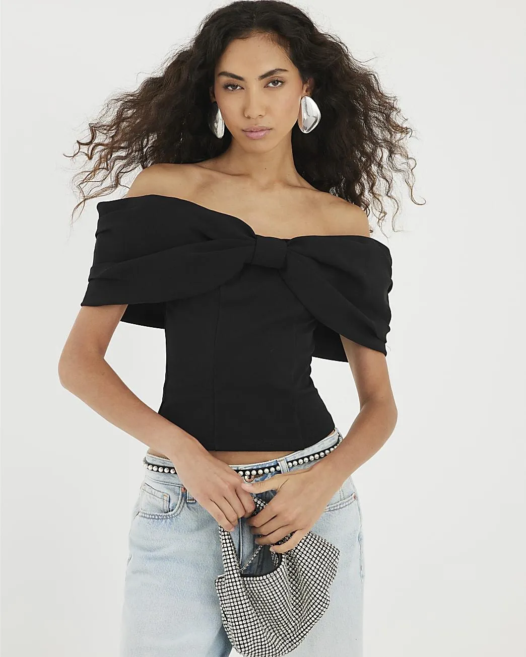 Black 3D Bow Bardot Top