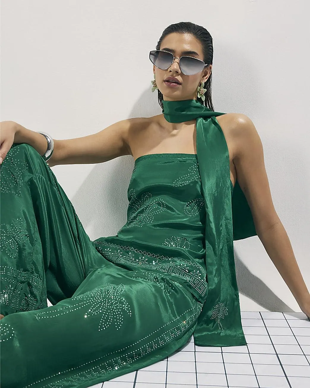 Green Embellished Scarf Bandeau Top