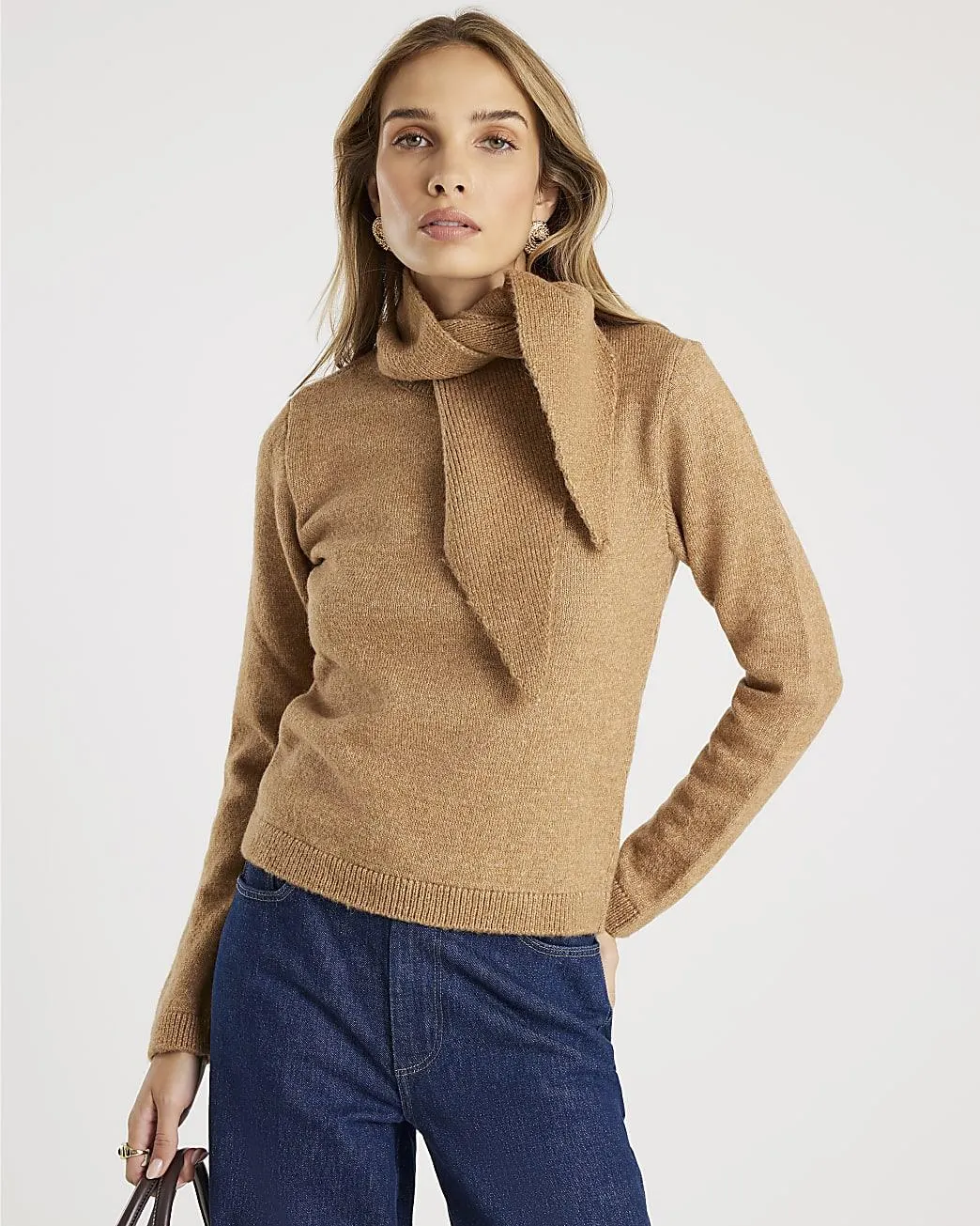 Brown Knitted Neck Tie Jumper