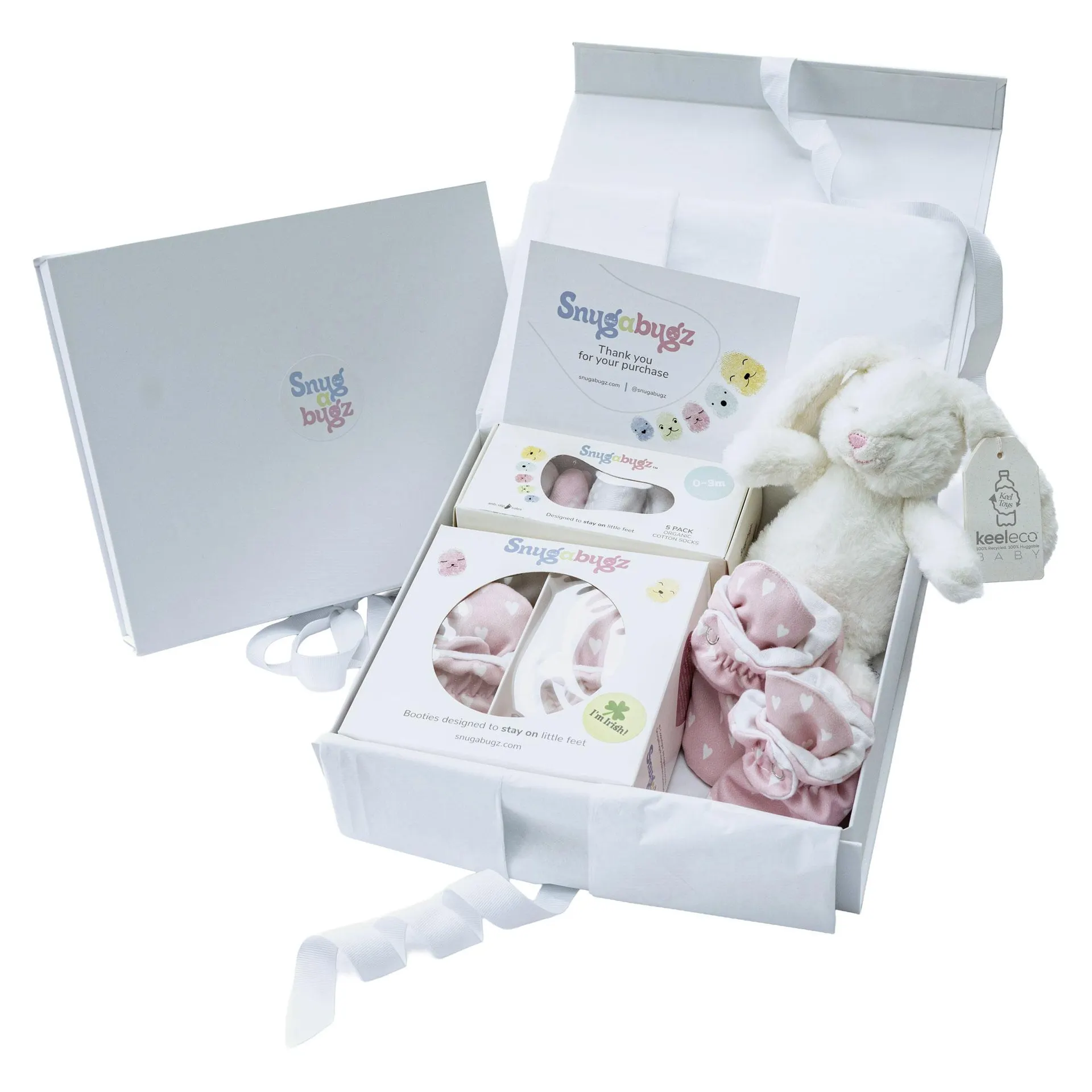 Heart Printed Booties, Baby Socks & Bunny Plush Toy Three-Piece Gift Set