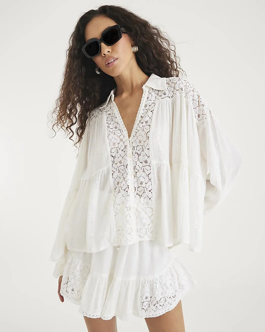 Cream Lace Mix Long Sleeve Shirt