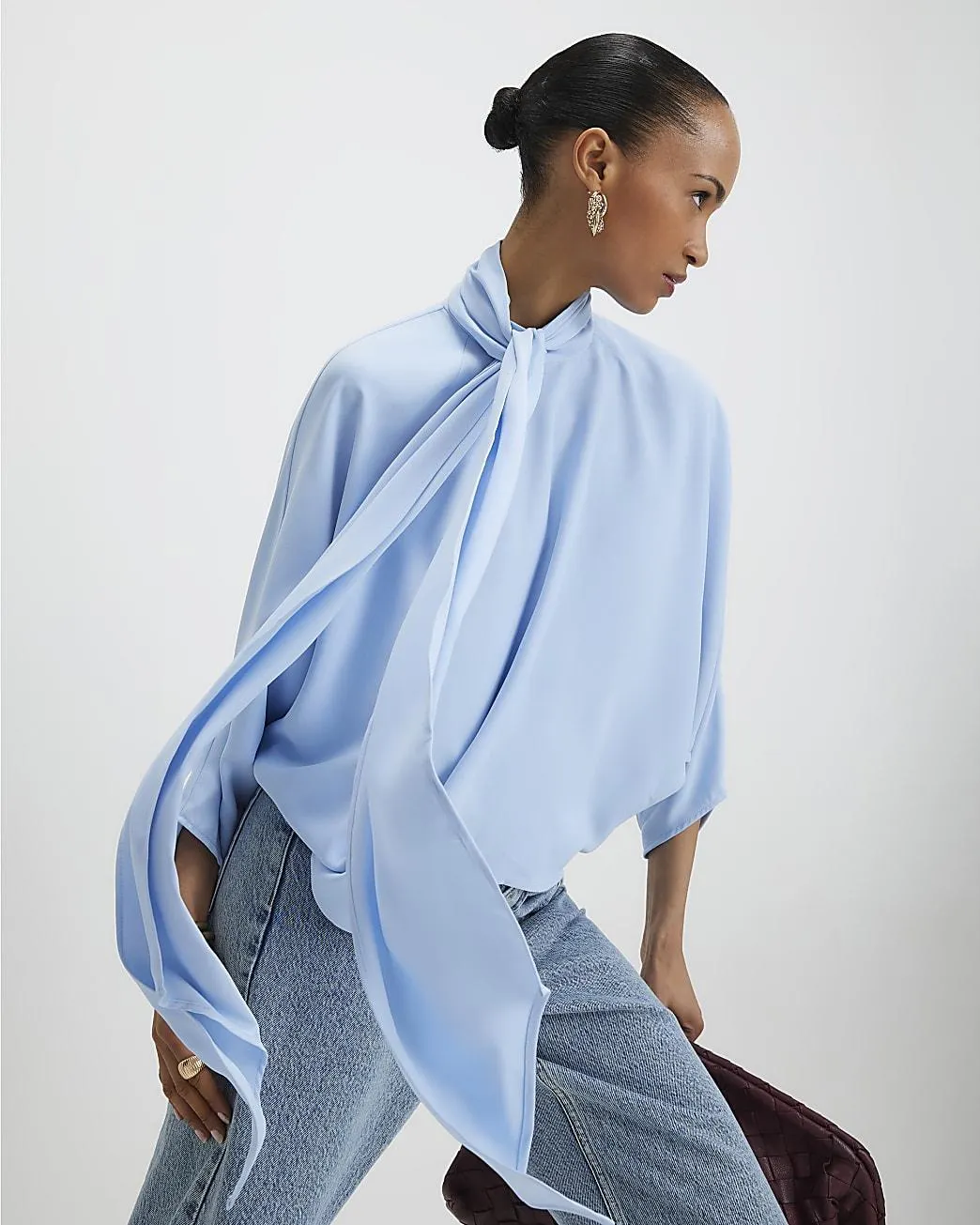Blue Batwing Sleeve Pussybow Blouse