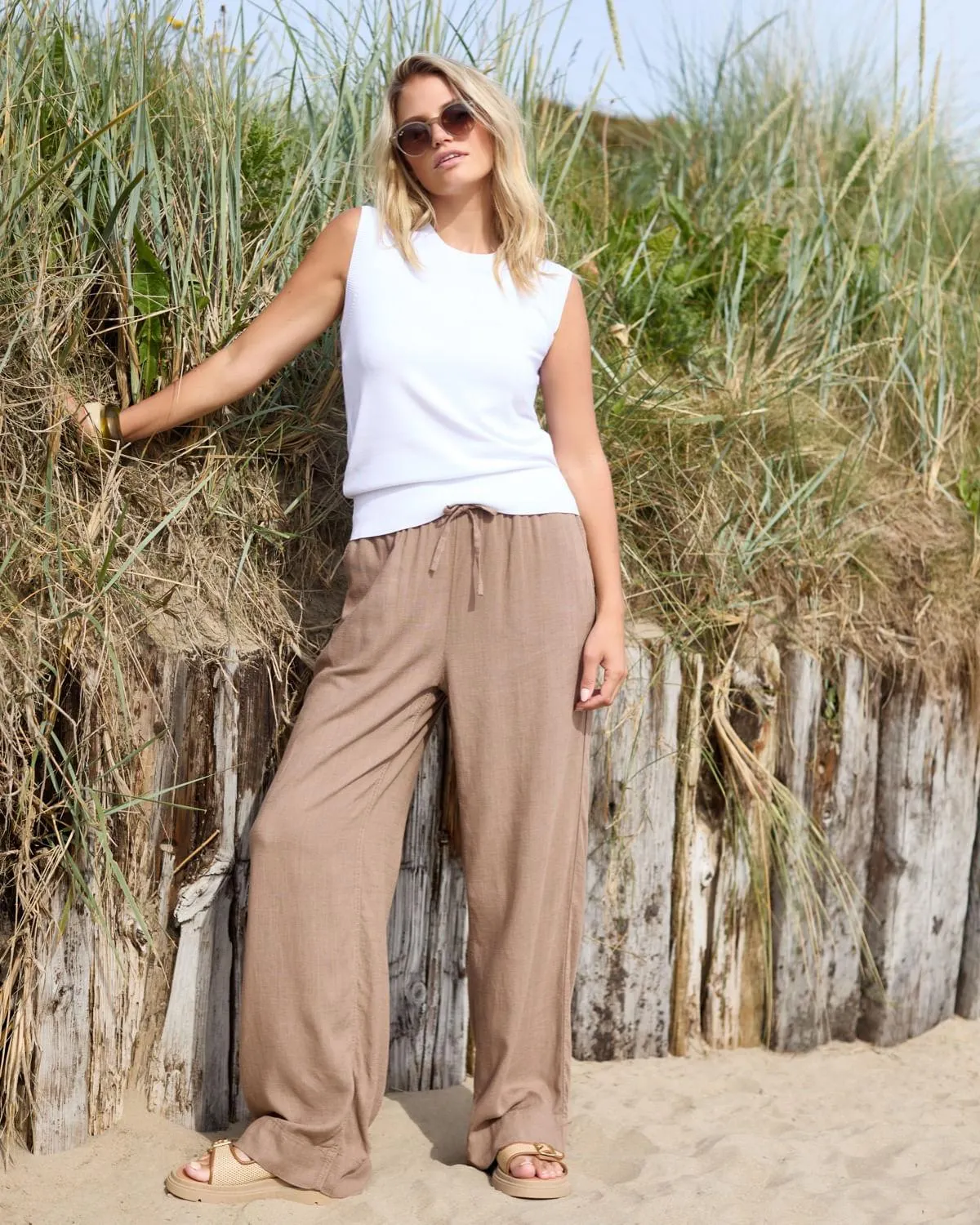 Wide Leg Linen Blend Trousers
