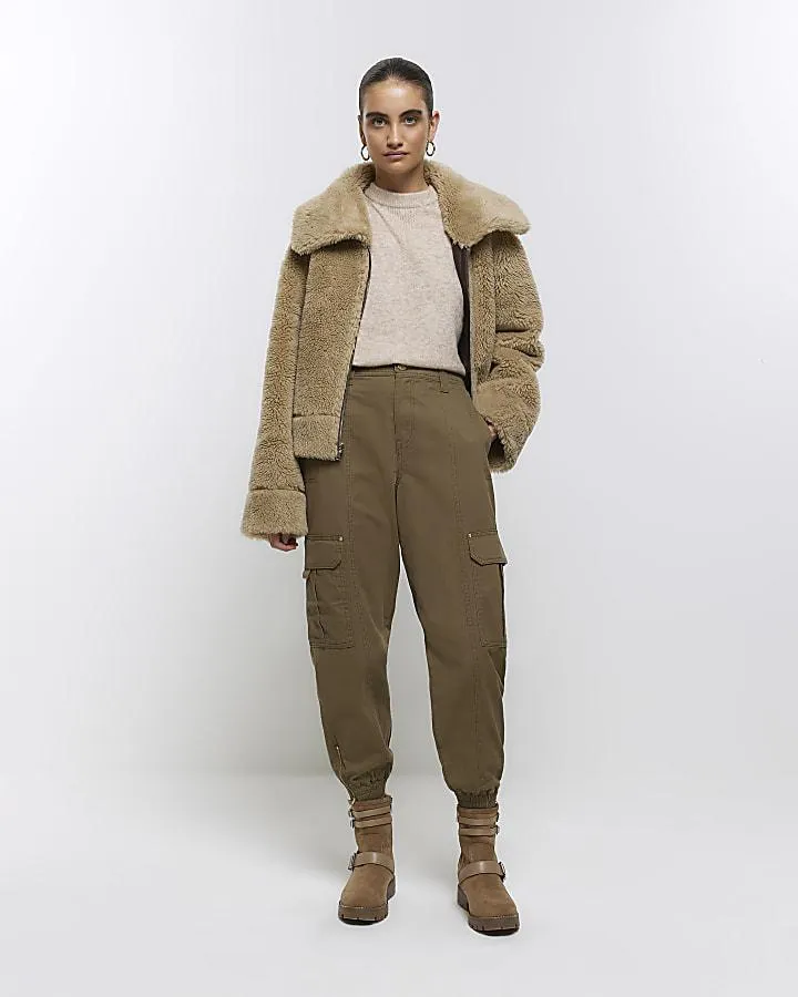 Khaki twill cuffed cargo trousers