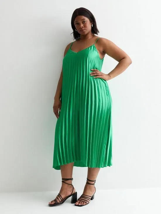Curves Green Satin Pleated Strappy Midi Dress