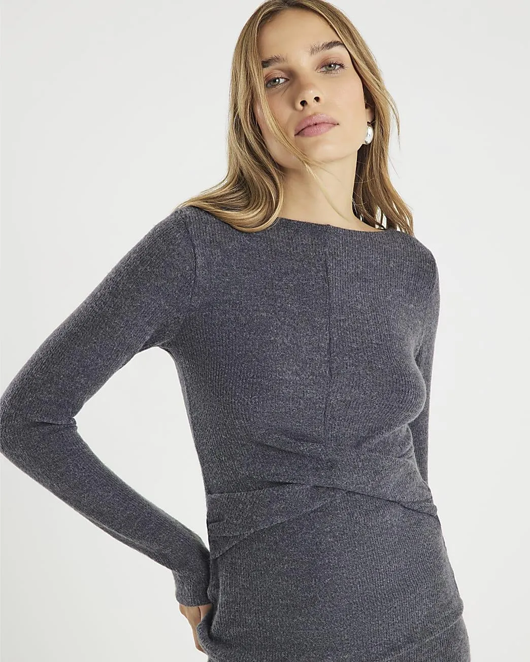 Grey Long Sleeve Twist Front Cosy Top