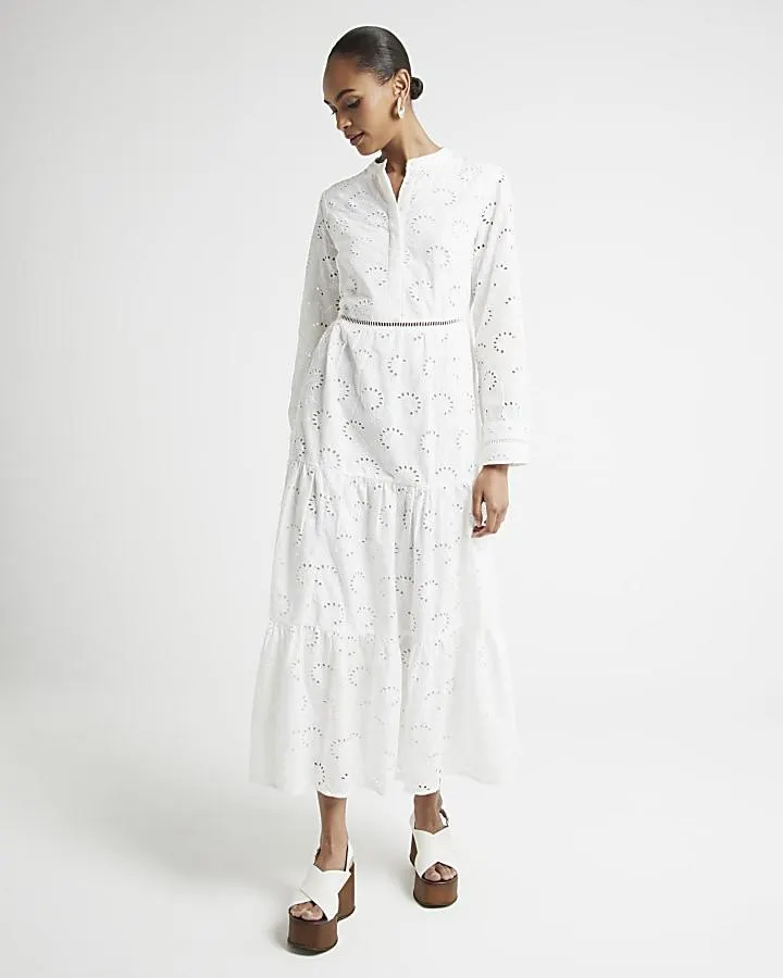 White Broderie Tiered Midi Shirt Dress