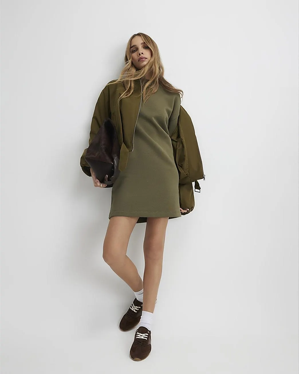 Khaki Long Sleeve Sweatshirt Dress