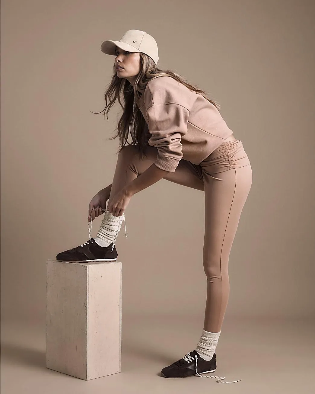 Beige Ruched Waistband Leggings