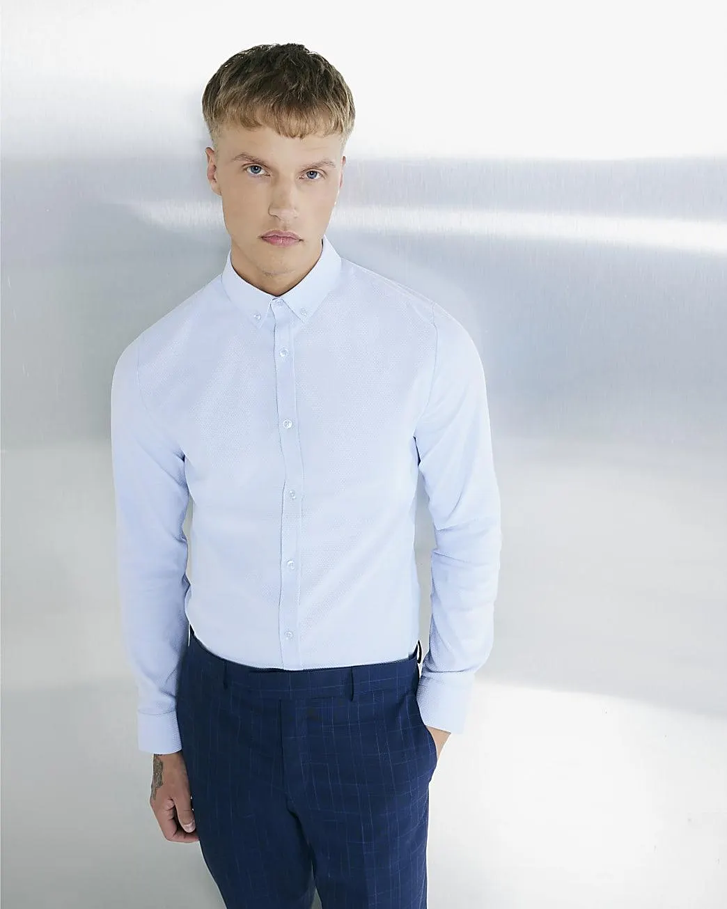 Blue Muscle Fit Textured Formal Shirt