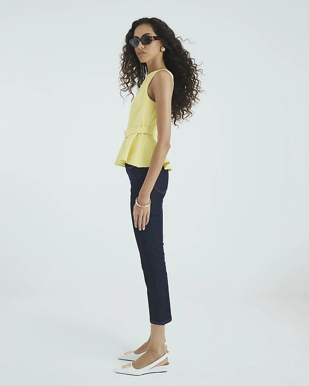 Yellow Sleeveless Belted Peplum Top