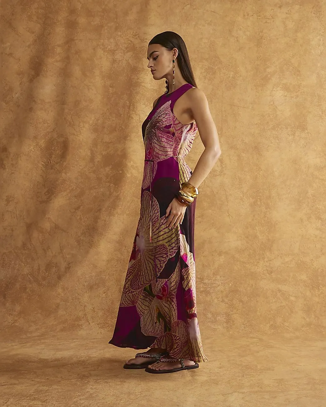 Red Embellished Floral Print Maxi Slip Dress