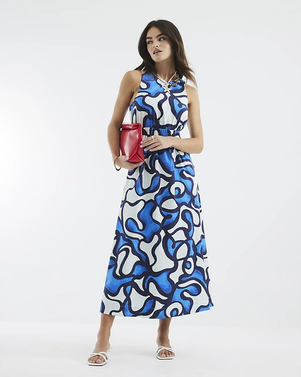 Blue Sleeveless Cut Out Poplin Midi Dress