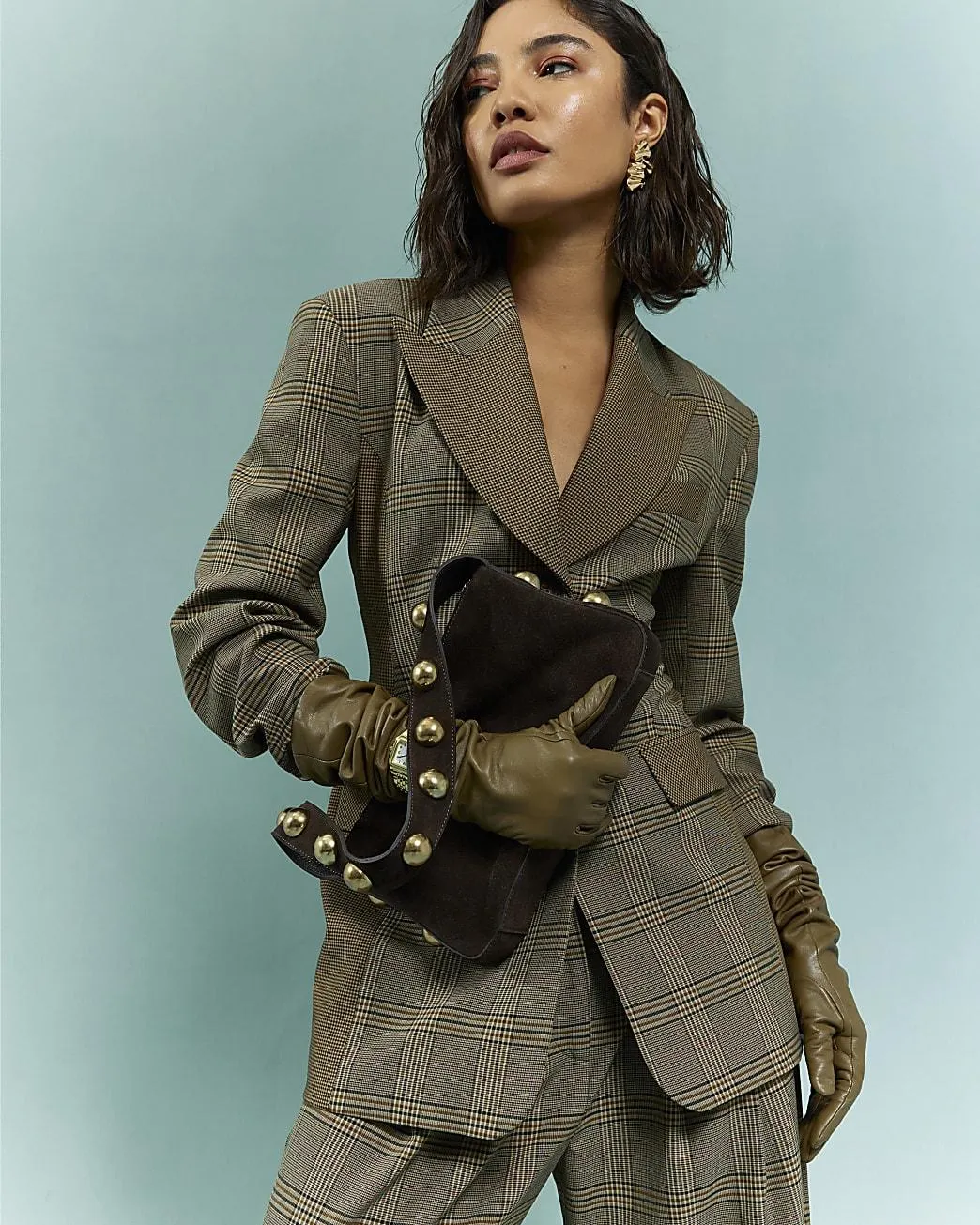 Brown Suede Studded Shoulder Bag