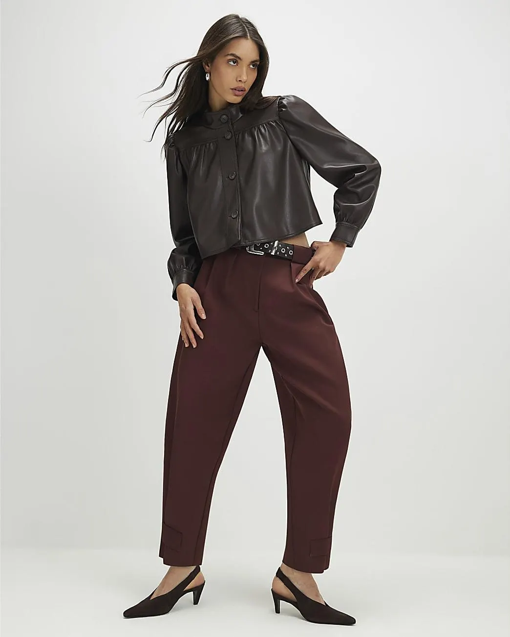 Brown Faux Leather Gathered Sleeve Jacket