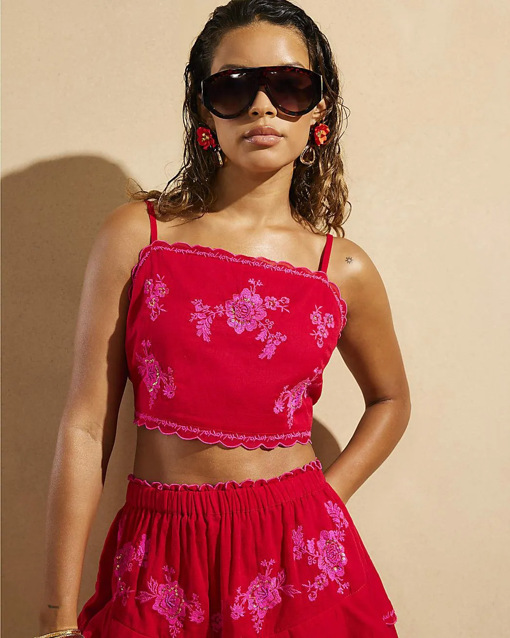 Red Del Maar Floral Embroidered Cami Top
