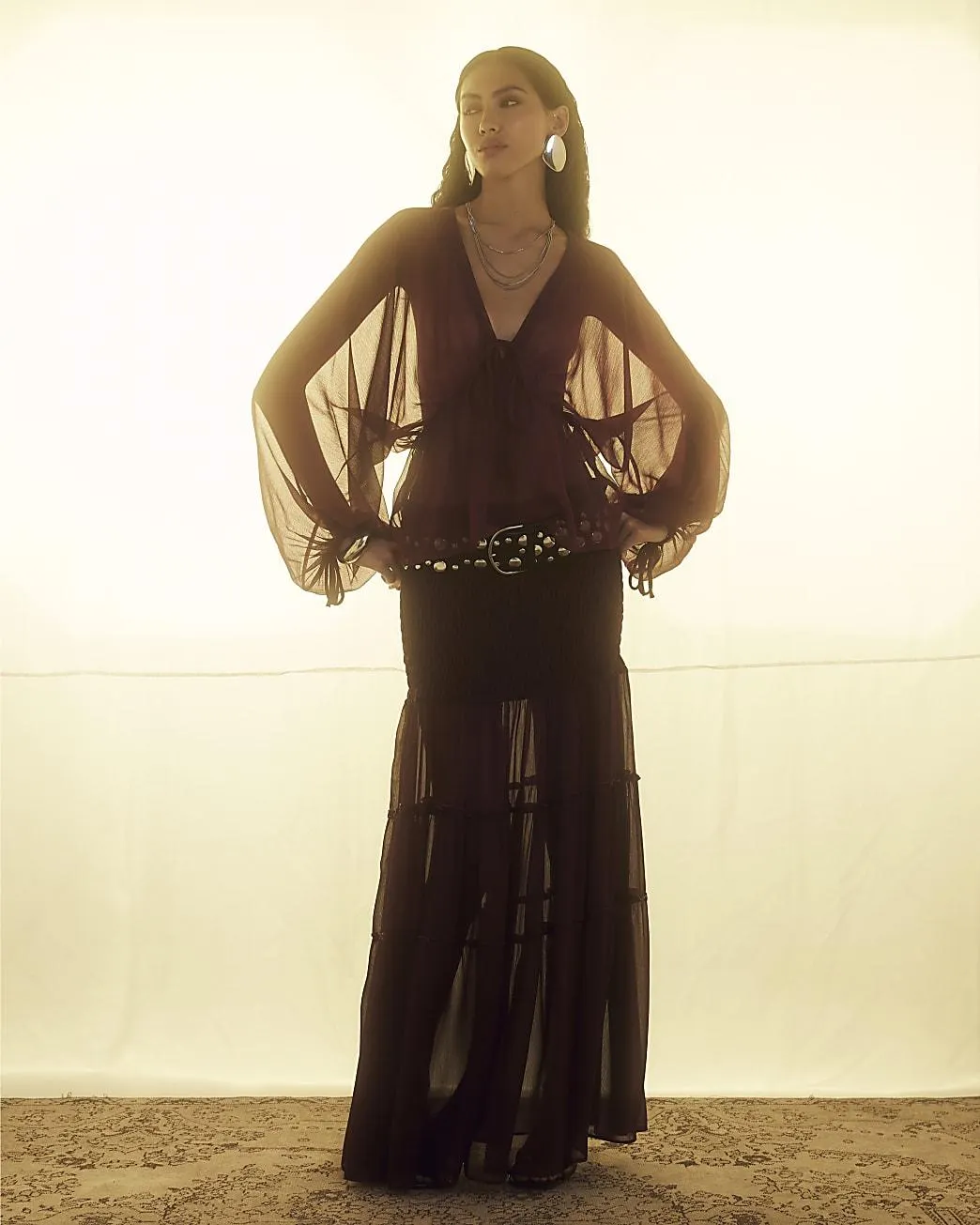 Red Long Sleeve Smocked Blouse