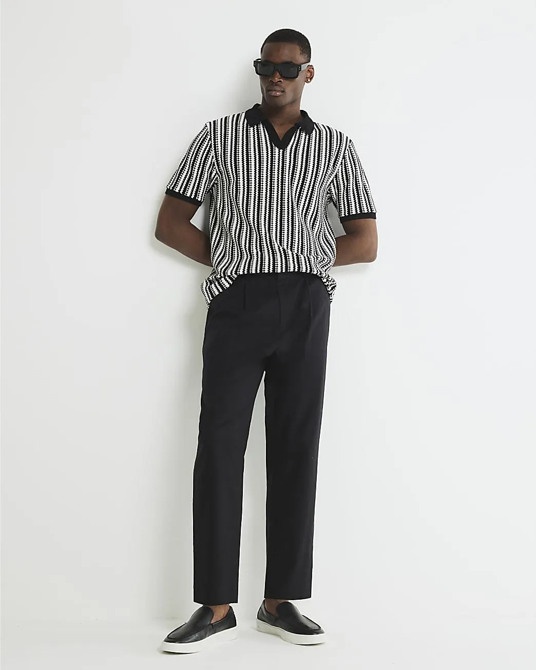 Black Textured Stripe Open Neck Polo Shirt